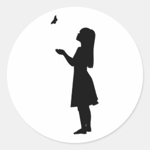 Little Girl And Butterfly Silhouette Child Nature Ronde Sticker