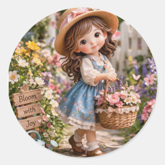 Little girl and her flower garden ronde sticker