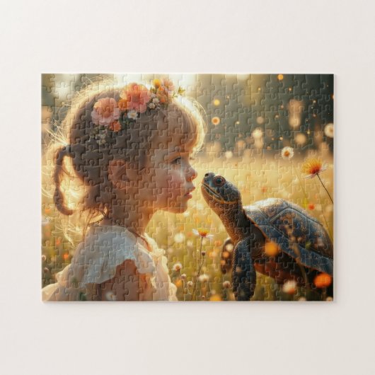Little girl and the turtle in the wildflowers legpuzzel (Horizontaal)
