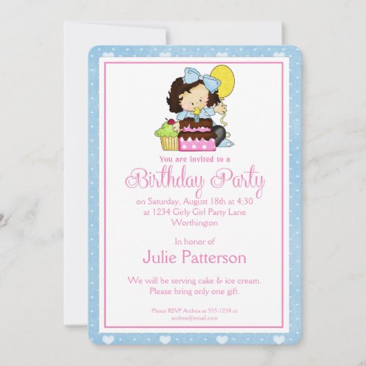 Little Girl Birthday Party Invitation Blue 1 Kaart (Voorkant)