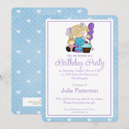 Little Girl Birthday Party Invitation Blue 2 Kaart (Voorkant / Achterkant)