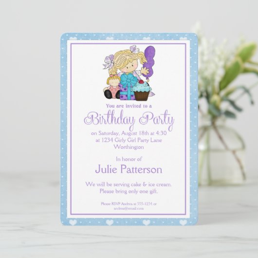 Little Girl Birthday Party Invitation Blue 2 Kaart (Staand voorkant)