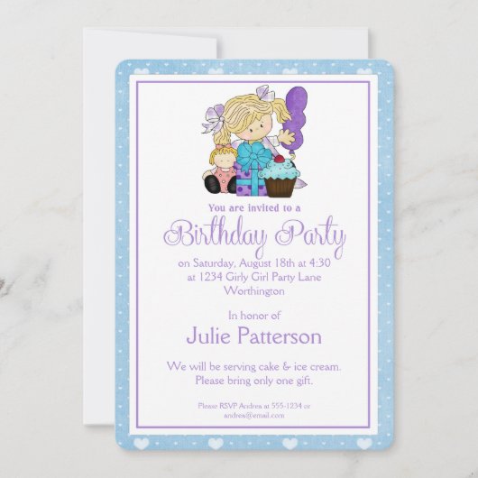 Little Girl Birthday Party Invitation Blue 2 Kaart (Voorkant)