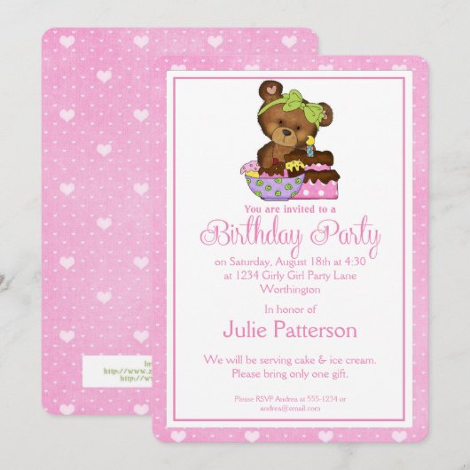 Little Girl Birthday Party Invitation Girly Beer 2 Kaart (Voorkant / Achterkant)