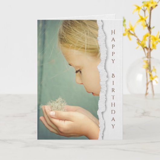 little girl blowing dandelion seed birthday kaart (Gele Bloem)