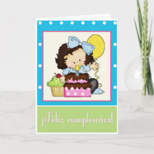 Little Girl Cake Spanish Happy Birthday Kaart 1