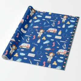 Little Girl Doctor Medical Pattern met Name, Blue Cadeaupapier