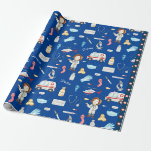 Little Girl Doctor Medical Pattern met Name, Blue Cadeaupapier