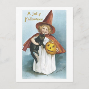 Little Girl en Black Cat Jolly Halloween Feestdagenkaart