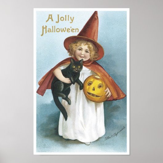 Little Girl en Black Cat Jolly Halloween Poster (Voorkant)