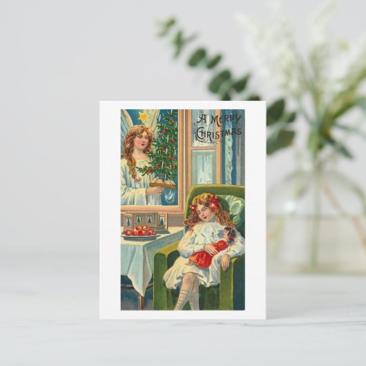 Little Girl en Doll, Angel in Window Briefkaart (Staand voorkant)