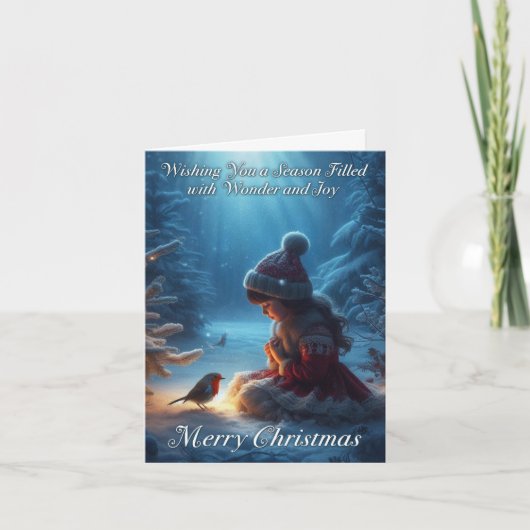 Little Girl en Robin Snow Scene Kerstmisscène Kaar Feestdagen Kaart (Voorkant)