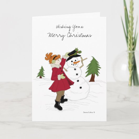 Little Girl en Snowman-kerstkaart Feestdagen Kaart (Voorkant)
