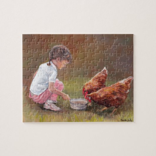 Little Girl Feeding Chickens Original Puzzle e Legpuzzel (Horizontaal)