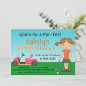 Little Girl Golfer Golf Birthday Party Invitation Kaart (Staand voorkant)
