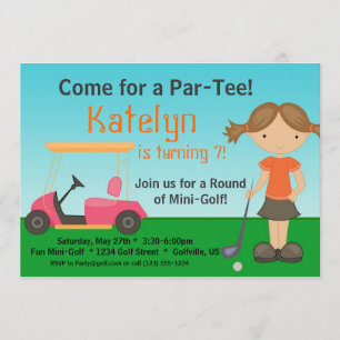 Little Girl Golfer Golf Birthday Party Invitation Kaart