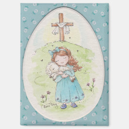 Little Girl Holding a Lamb Easter Morning Magneet