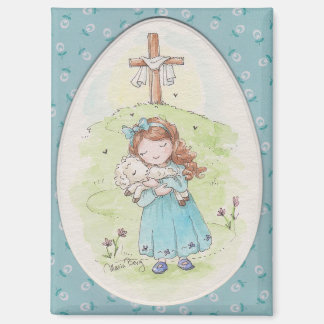 Little Girl Holding a Lamb Easter Morning Magneet