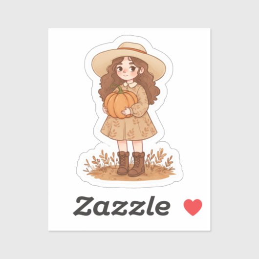Little girl holding a pumpkin sticker (Vel)