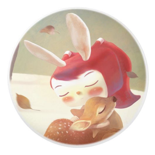 Little Girl Hugging Deer Keramische Knop (Voorkant)