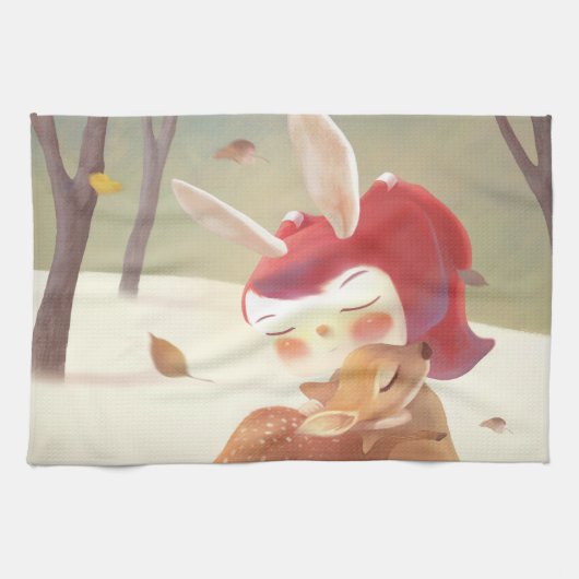 Little Girl Hugging Deer Theedoek (Horizontaal)