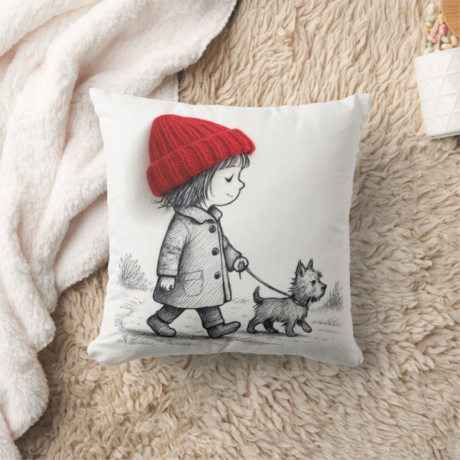 Little Girl In 3-D Red Hat Walking Her Dog Kussen (Deken)
