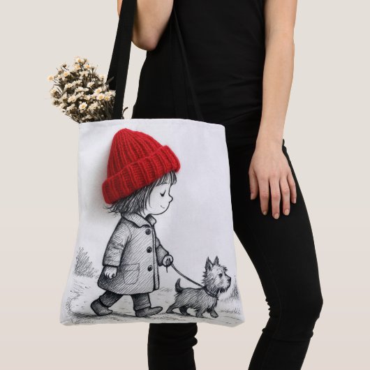 Little Girl In 3-D Red Hat Walking Her Dog Tote Bag (Dichtbij)