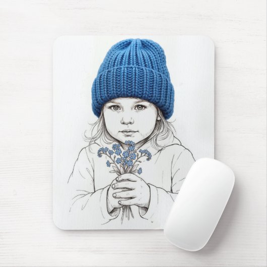 Little Girl In Blue Hat with Forget-me-not Flowers Muismat (Met muis)