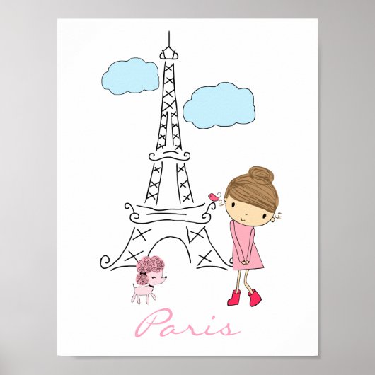 Little Girl in Parijs met Poodle Poster (Voorkant)
