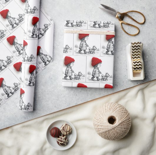 Little Girl In Red Hat Walking Her Dog Cadeaupapier (Crafts)