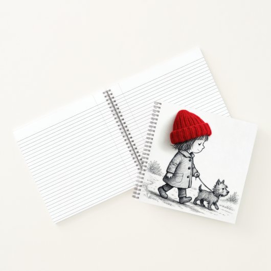 Little Girl In Red Hat Walking Her Dog Notitieboek (Binnen)