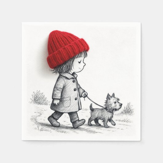 Little Girl In Red Hat Walking Her Dog Servet (Voorkant)