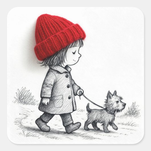 Little Girl In Red Hat Walking Her Dog Vierkante Sticker (Voorkant)