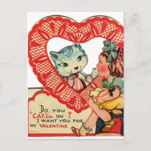 Little Girl & Kitten Vintage Valentine Postcard Briefkaart (Voorkant)