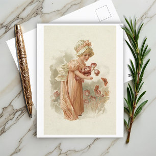 Little Girl met Pink Flowers en Butterflies Briefkaart