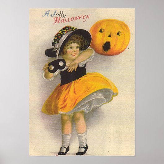 Little Girl met Pumpkin en Mask Poster (Voorkant)