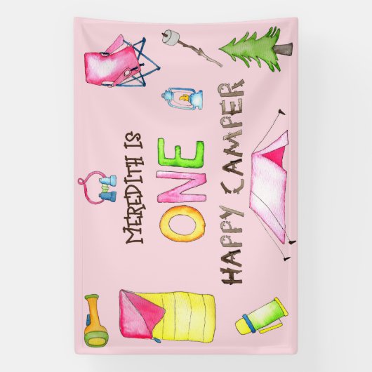 Little Girl One Happy Camper eerste verjaardagsfee Spandoek (Verticaal)
