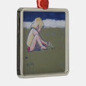 Little Girl op Beach Spelling in Sand Metalen Ornament (Rechts)