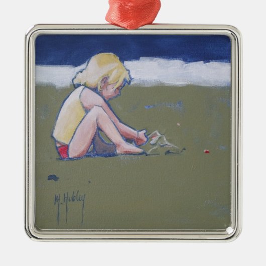 Little Girl op Beach Spelling in Sand Metalen Ornament (Voorkant)
