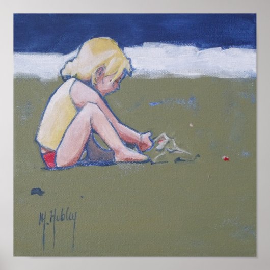 Little Girl op Beach Spelling in Sand Poster (Voorkant)
