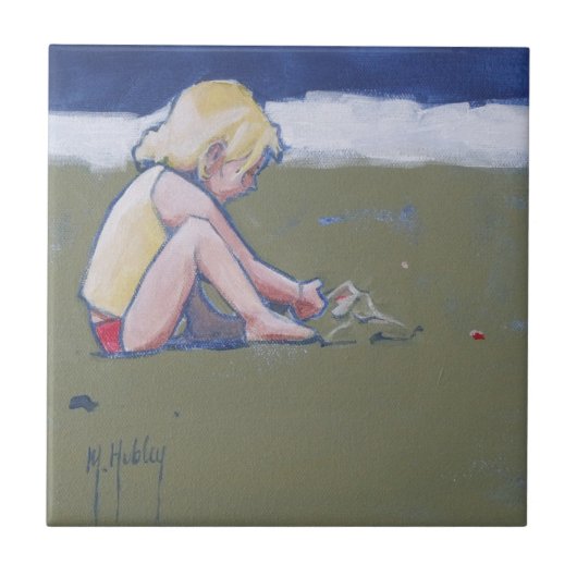 Little Girl op Beach Spelling in Sand Tegeltje (Voorkant)