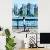 Little Girl op Scooter door Manhattan Skyline Poster (Thuiskantoor)