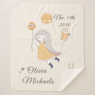 Little Girl Owl Rabbit Personalized Date and Name Sherpa Deken