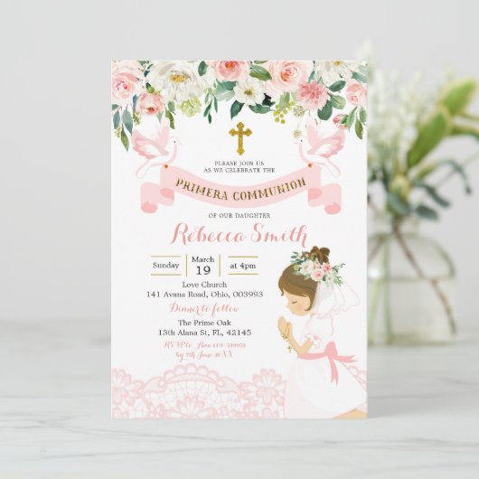 Little Girl Praying First Heilige Communie Kaart (Staand voorkant)