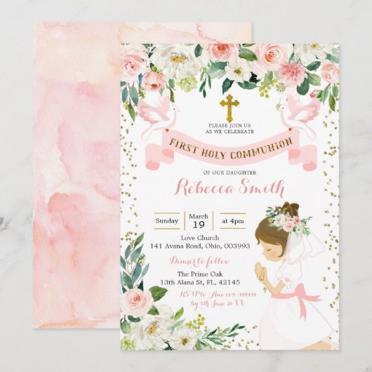Little Girl Praying Floral First Heilige Communie Kaart (Voorkant / Achterkant)