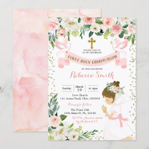 Little Girl Praying Floral First Heilige Communie Kaart