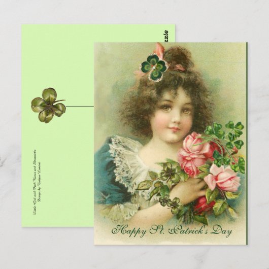 Little Girl Rozen and Shamrocks St.Patrick's Day Briefkaart (Voorkant / Achterkant)