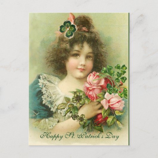 Little Girl Rozen and Shamrocks St.Patrick's Day Briefkaart (Voorkant)
