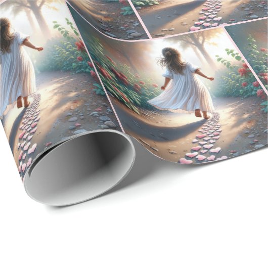 Little Girl Running On a Pink Heart Path Cadeaupapier (Rol Hoek)
