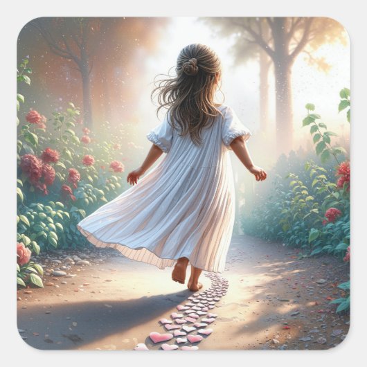 Little Girl Running On a Pink Heart Path Vierkante Sticker (Voorkant)